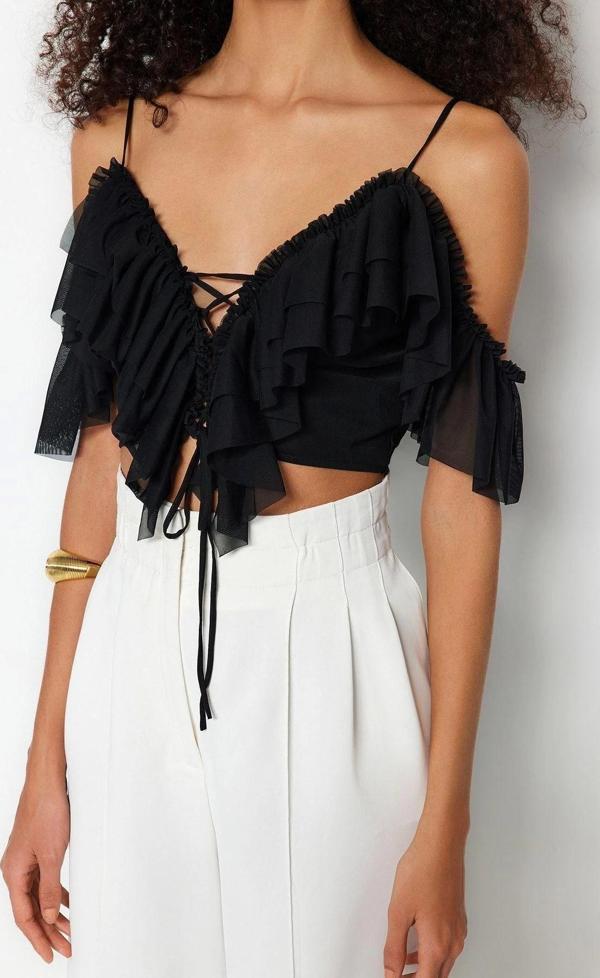 Moda V Yaka Örme Regular Düz Desen Şık gece Crop Kısa Kol Bluz - Image 1