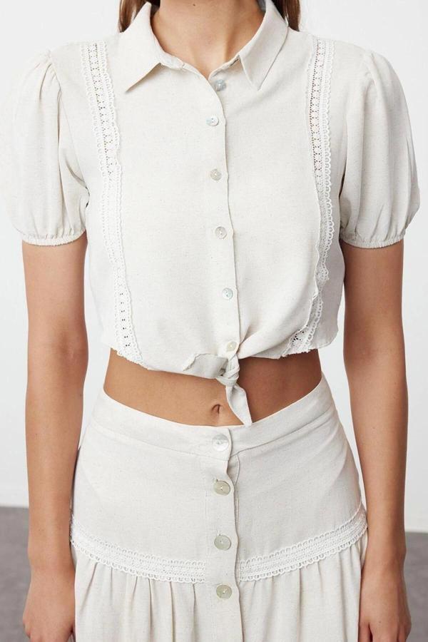 Moda Gömlek Yaka Dokuma Crop Düz Desen Plaj Crop Kısa Kol Bluz - Image 1