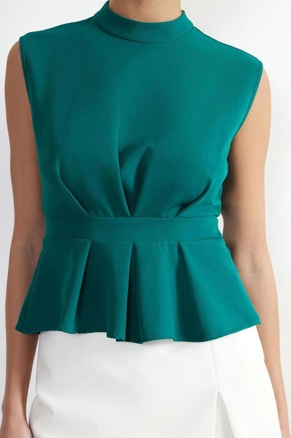 Moda Bisiklet Yaka Dokuma Fit Düz Desen Resmi Regular Kolsuz Bluz - Image 1