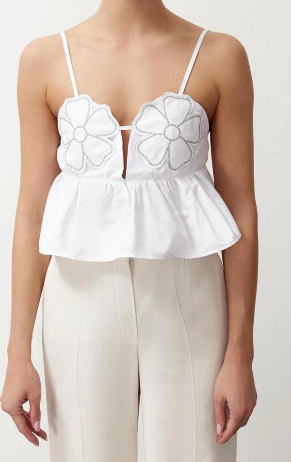 Moda Kalp Yaka Dokuma Crop Düz Desen Şık gece Crop Askılı Kol Bluz - Image 1