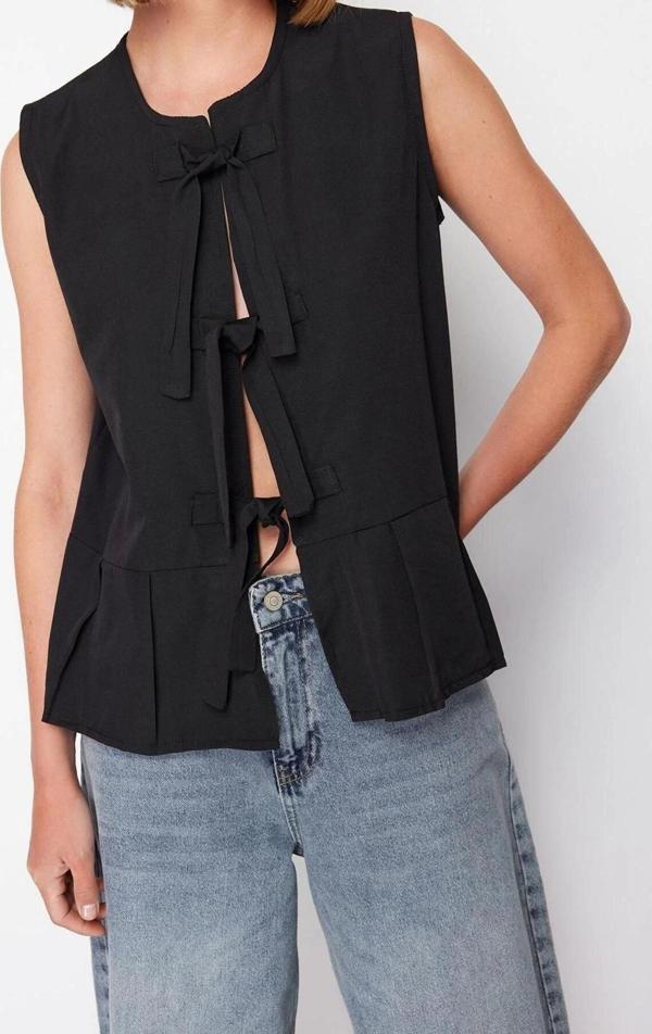 Moda Bisiklet Yaka Dokuma Regular Düz Desen Casual Günlük Regular Askılı Kol Bluz - Image 1