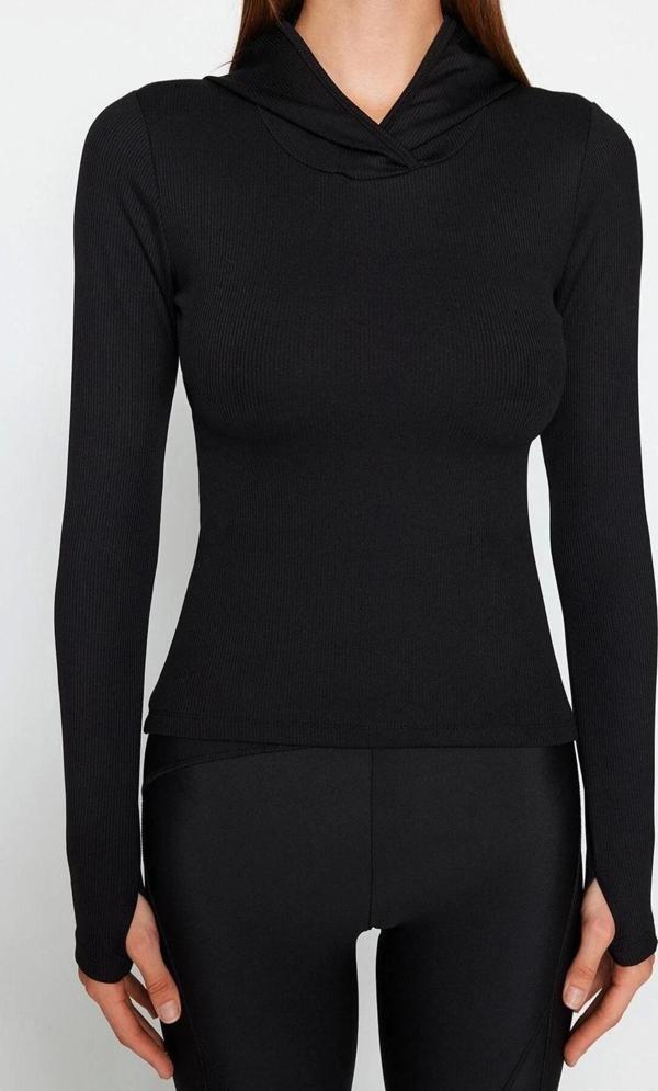 Moda Kapüşonlu Örme Fit Düz Desen Sportswear Regular Uzun Kol Bluz - Image 1