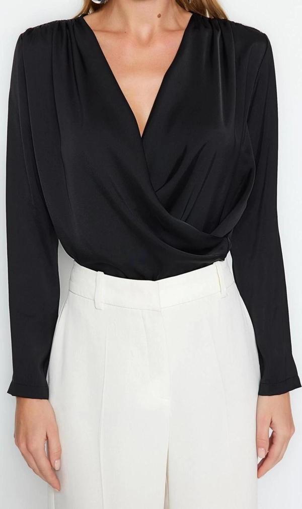 Moda Kruvaze Dokuma Regular Düz Desen Casual Günlük Regular Uzun Kol Bluz - Image 1