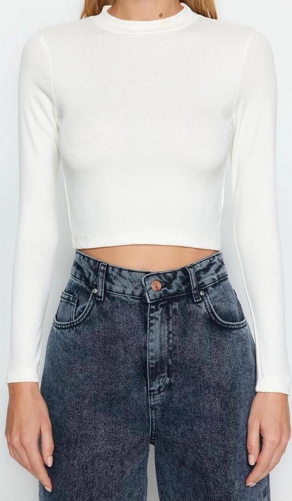 Moda Bisiklet Yaka Örme Slim Fit Çizgili Desen Casual Günlük Crop Uzun Kol Bluz - Image 1