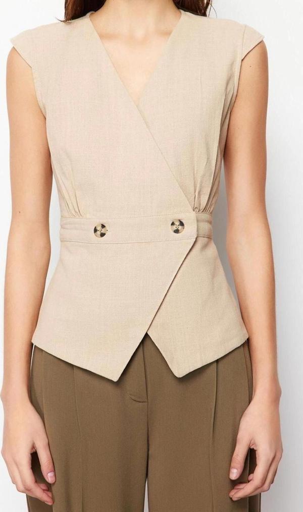 Moda Kruvaze Dokuma Fit Düz Desen Casual Günlük Regular Kolsuz Bluz - Image 1