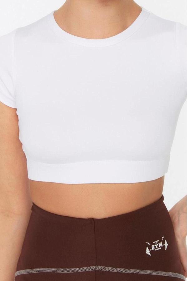 Moda Bisiklet Yaka Örme Fit Düz Desen Sportswear Super Crop Kısa Kol Bluz - Image 1