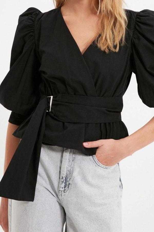 Moda Kruvaze Dokuma Regular Düz Desen Casual Günlük Regular Uzun Kol Bluz - Image 1