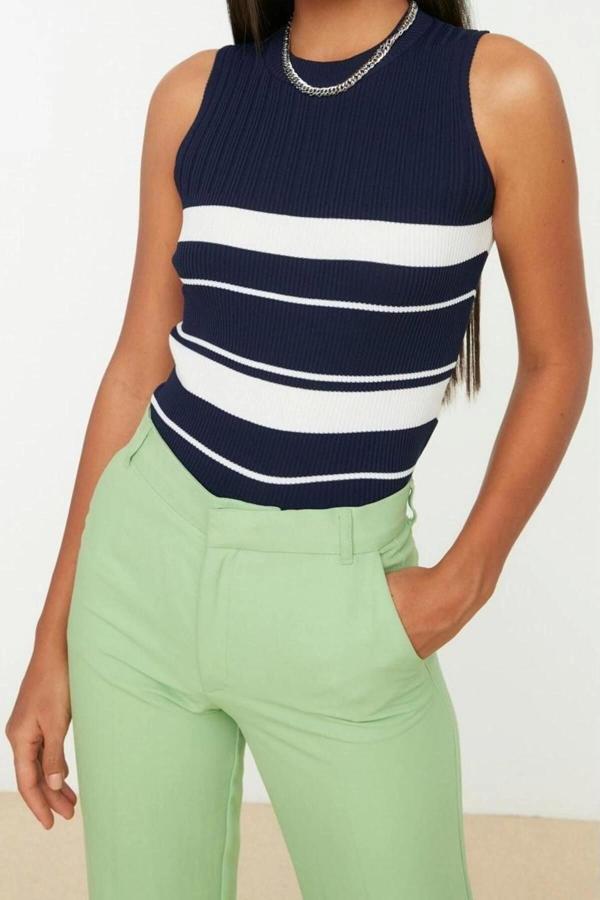 Moda Bisiklet Yaka Triko Slim Renk Bloklu Desen Casual Günlük Regular Kolsuz Bluz - Image 1