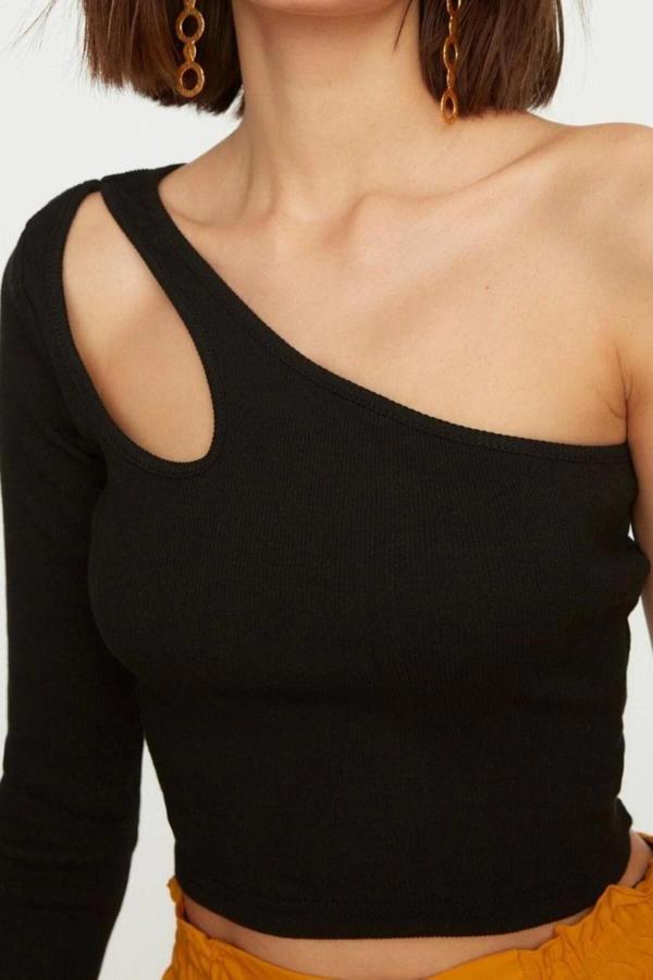 Moda Asimetrik Yaka Örme Slim Fit Düz Desen Casual Günlük Crop Uzun Kol Bluz - Image 1