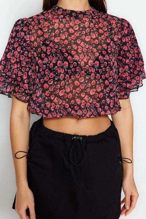 Moda Bisiklet Yaka Dokuma Regular Çiçekli Desen Casual Günlük Regular Kısa Kol Bluz - Image 1