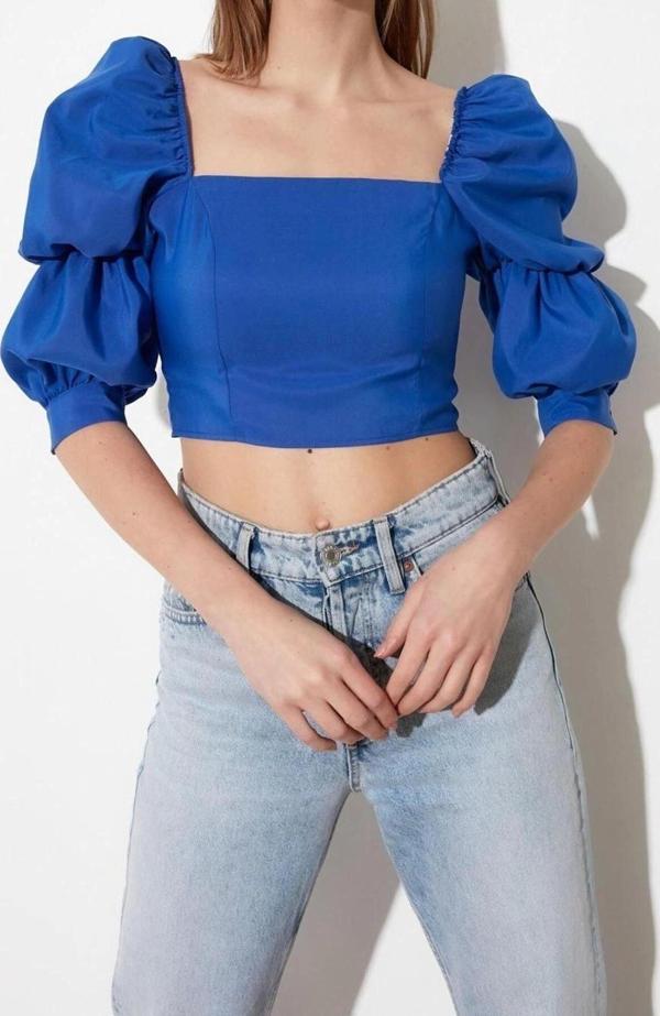 Moda Kare Yaka Dokuma Fit Düz Desen Casual Günlük Crop Truvakar Kol Kol Bluz - Image 1