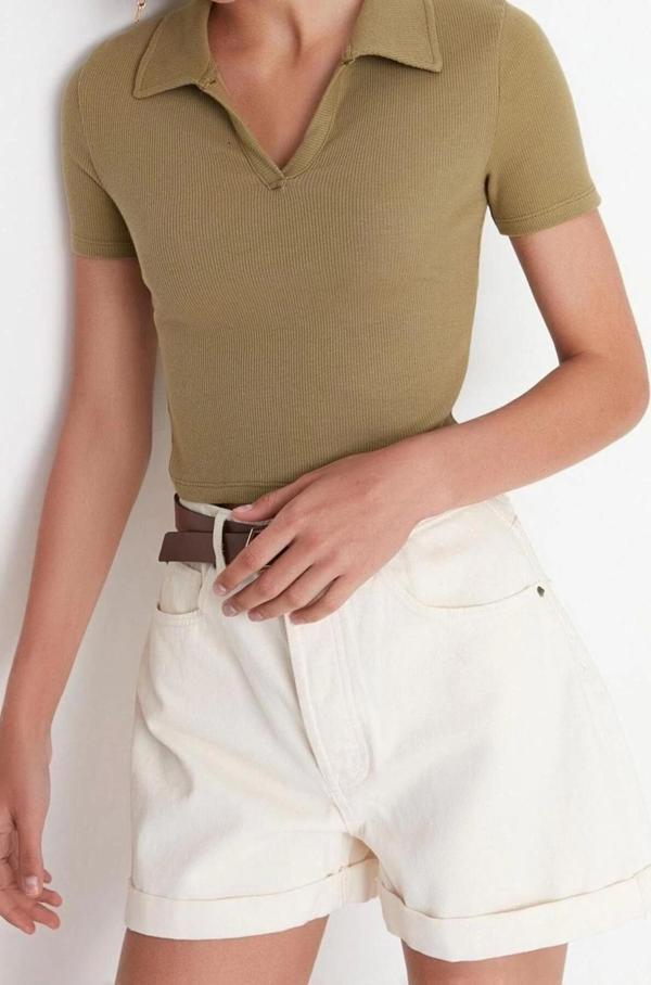 Moda Polo Yaka Örme Slim Slogan Desen Casual Günlük Crop Kısa Kol Bluz - Image 1