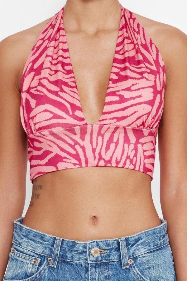 Moda Boyundan Bağlamalı Örme Slim Soyut Desen Casual Günlük Super Crop Kolsuz Bluz - Image 1