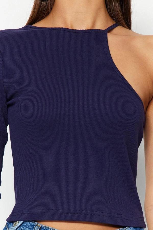 Moda Bisiklet Yaka Örme Slim Düz Desen Casual Günlük Crop Uzun Kol Bluz - Image 1