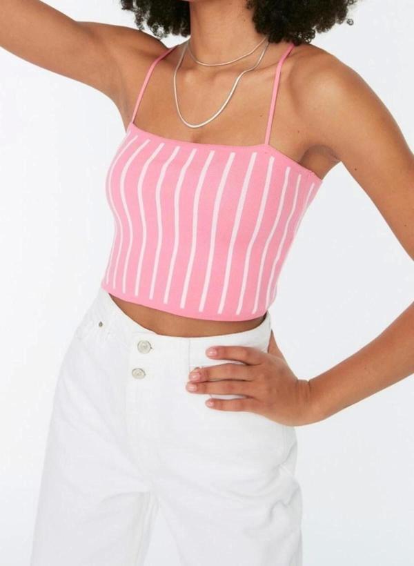 Moda Kare Yaka Triko Slim Renk Bloklu Desen Casual Günlük Super Crop Askılı Kol Bluz - Image 1