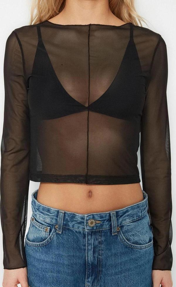 Moda Kayık Yaka Örme Slim Fit Düz Desen Casual Günlük Crop Uzun Kol Bluz - Image 1