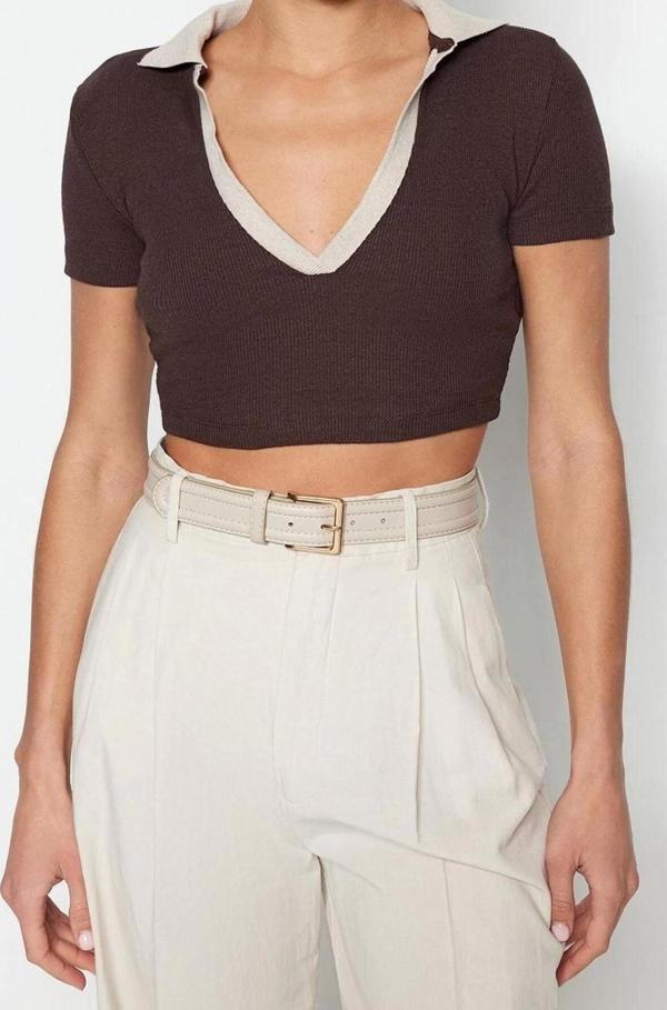 Moda Polo Yaka Örme Slim Renk Bloklu Desen Casual Günlük Crop Kısa Kol Bluz - Image 1