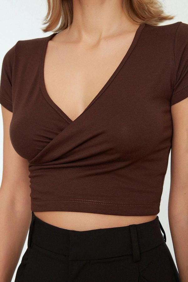 Moda Kruvaze Örme Slim Düz Desen Casual Günlük Crop Kısa Kol Bluz - Image 1