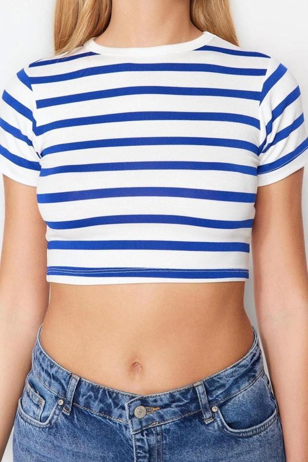 Moda Bisiklet Yaka Örme Slim Çizgili Desen Casual Günlük Crop Kısa Kol Bluz - Image 1
