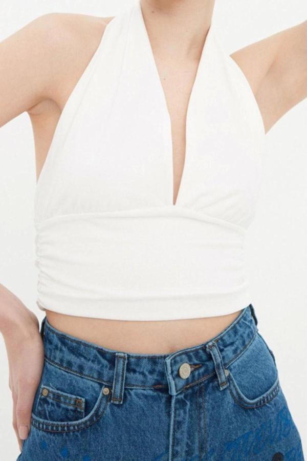 Moda Boyundan Bağlamalı Örme Slim Düz Desen Casual Günlük Crop Kolsuz Bluz - Image 1