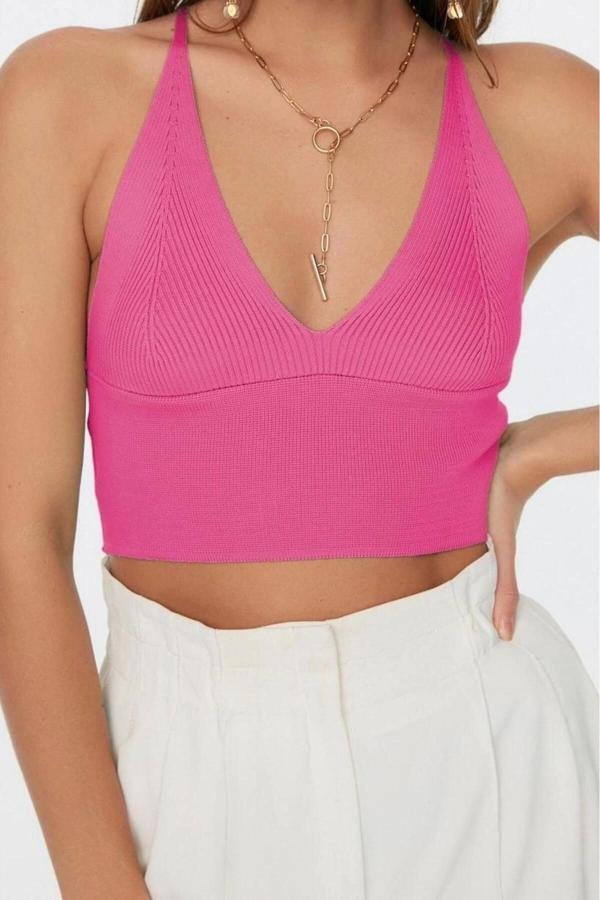 Moda V Yaka Triko Slim Düz Desen Casual Günlük Super Crop Askılı Kol Bluz - Image 1