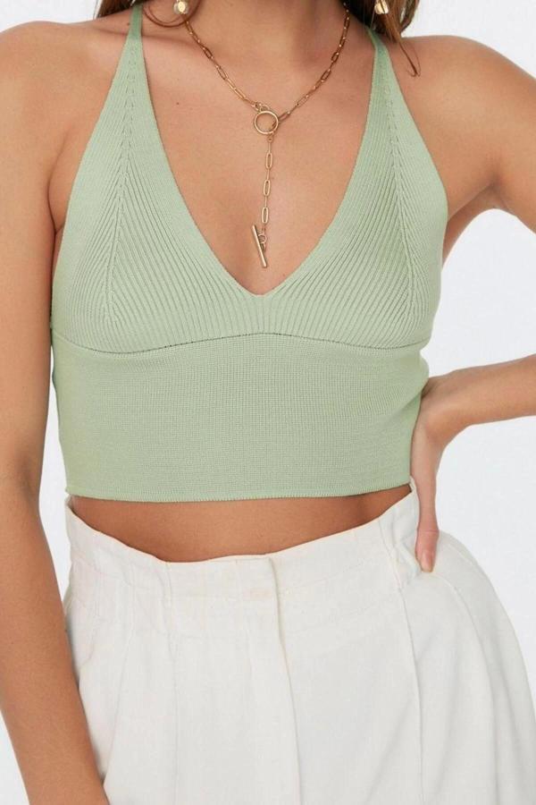 Moda V Yaka Triko Slim Düz Desen Casual Günlük Super Crop Askılı Kol Bluz - Image 1