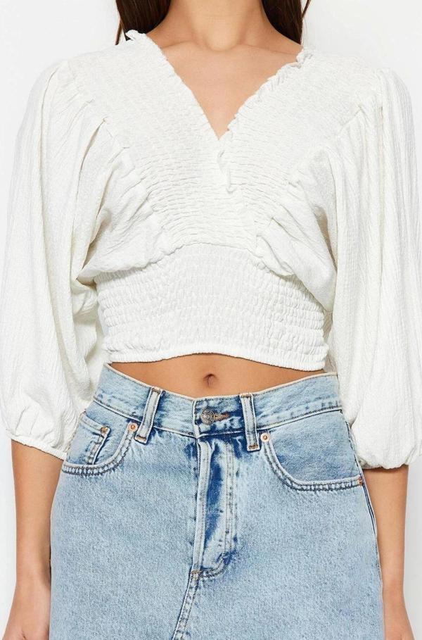 Moda V Yaka Örme Regular Düz Desen Resmi Crop Truvakar Kol Kol Bluz - Image 1