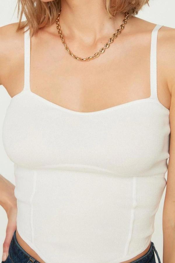 Moda Kalp Yaka Triko Slim Düz Desen Casual Günlük Super Crop Askılı Kol Bluz - Image 1