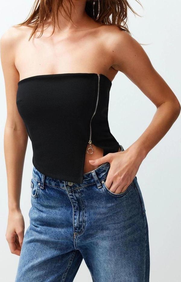 Moda Straplez Örme Slim Düz Desen Casual Günlük Regular Kolsuz Bluz - Image 1