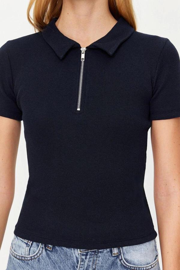 Moda Polo Yaka Örme Slim Düz Desen Casual Günlük Regular Kısa Kol Bluz - Image 1