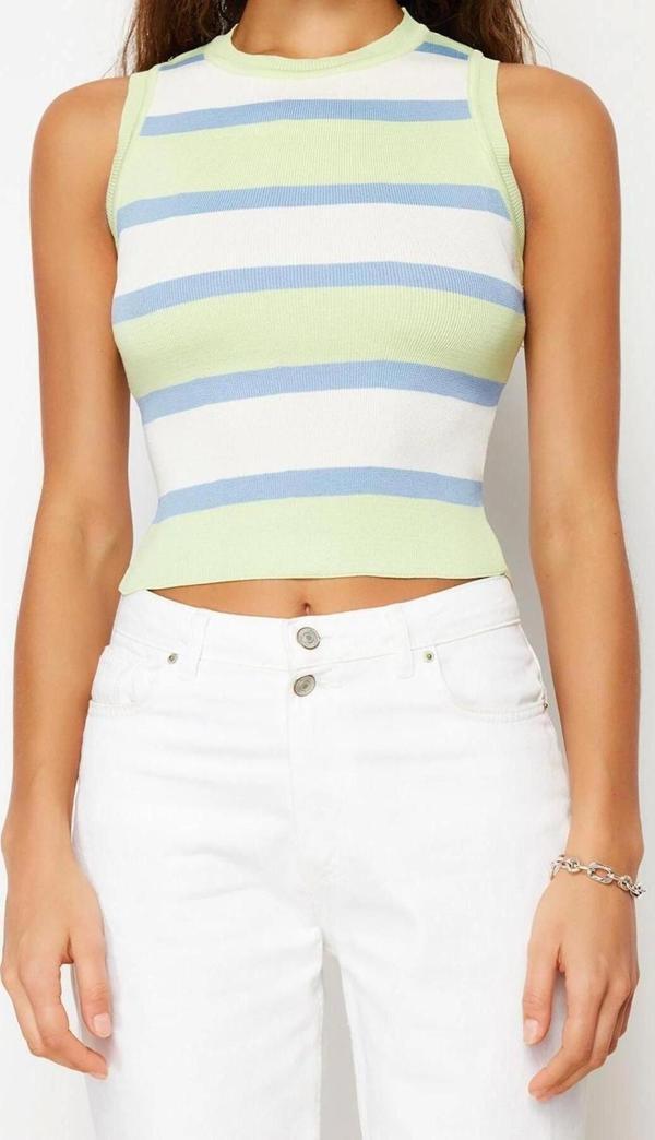Moda Bisiklet Yaka Triko Slim Çizgili Desen Casual Günlük Crop Kolsuz Bluz - Image 1