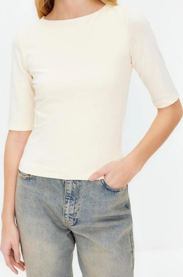 Moda Kayık Yaka Örme Slim Düz Desen Casual Günlük Regular Truvakar Kol Kol Bluz - Image 1