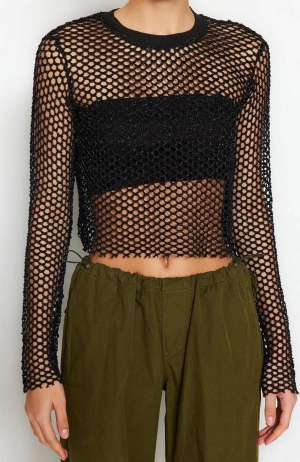 Moda Bisiklet Yaka Örme Regular Düz Desen Casual Günlük Crop Uzun Kol Bluz - Image 1
