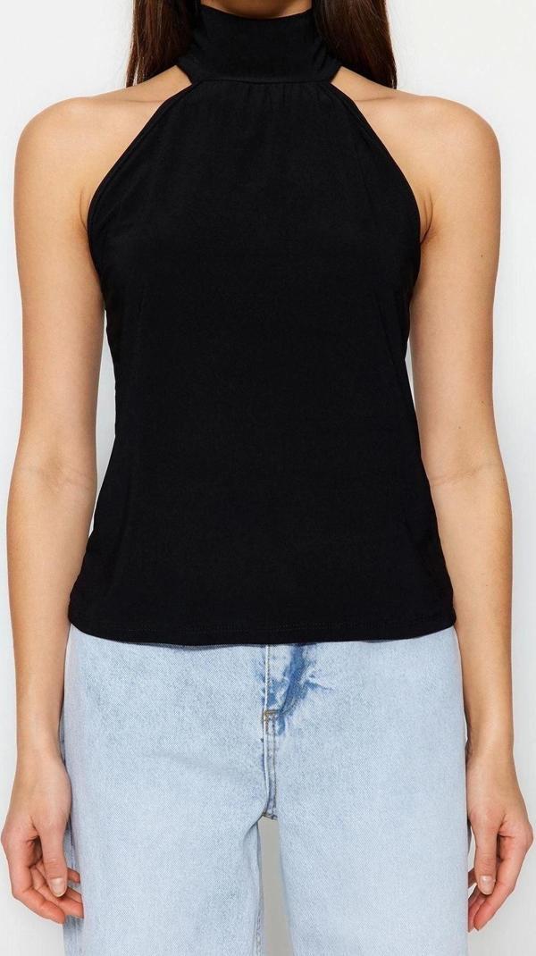 Moda Halter Yaka Örme Regular Düz Desen Resmi Regular Kolsuz Bluz - Image 1