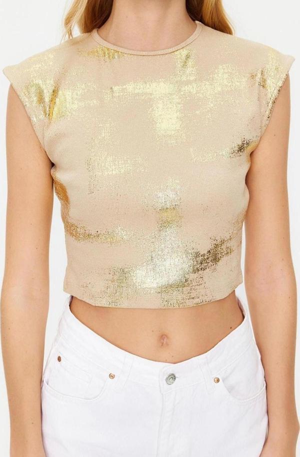 Moda Bisiklet Yaka Örme Slim Degrade Desen Casual Günlük Crop Kolsuz Bluz - Image 1