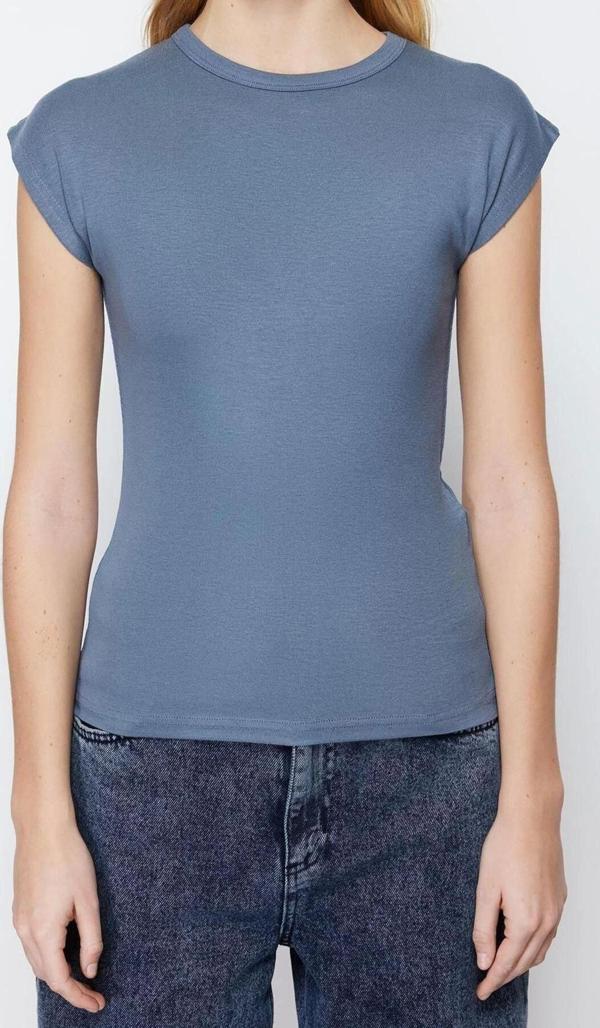 Moda Bisiklet Yaka Örme Slim Düz Desen Casual Günlük Regular Kısa Kol Bluz - Image 1