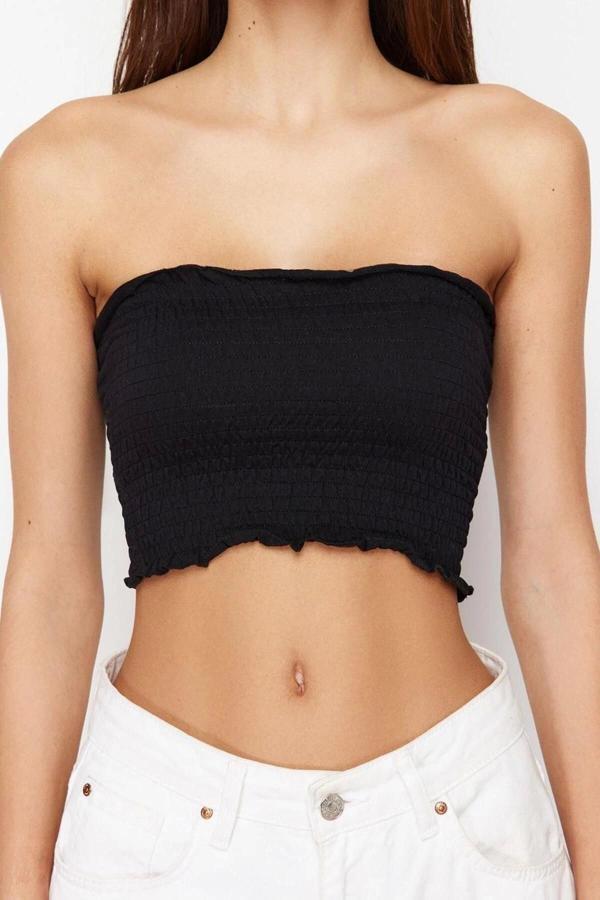 Moda Straplez Örme Slim Düz Desen Casual Günlük Crop Kolsuz Bluz - Image 1