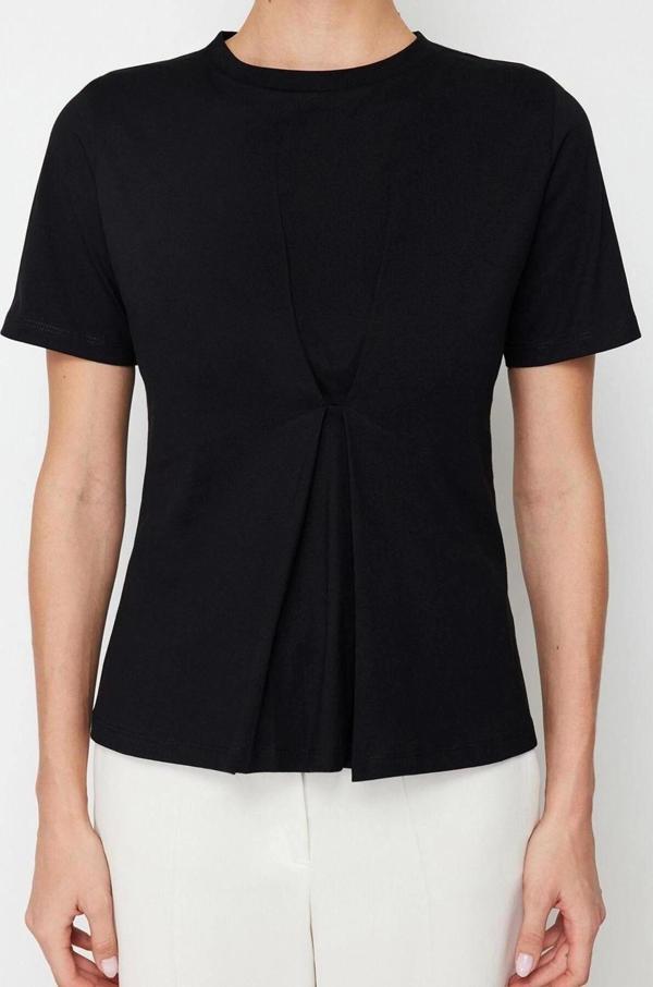 Moda Bisiklet Yaka Örme Slim Düz Desen Casual Günlük Regular Kısa Kol Bluz - Image 1