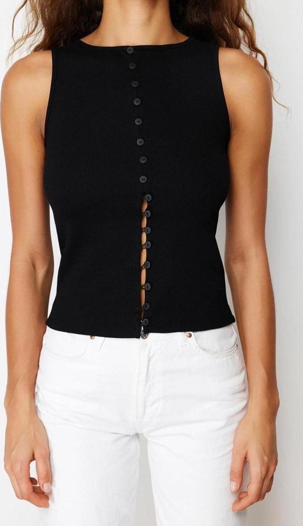Moda Kayık Yaka Örme Slim Düz Desen Casual Günlük Regular Kolsuz Bluz - Image 1
