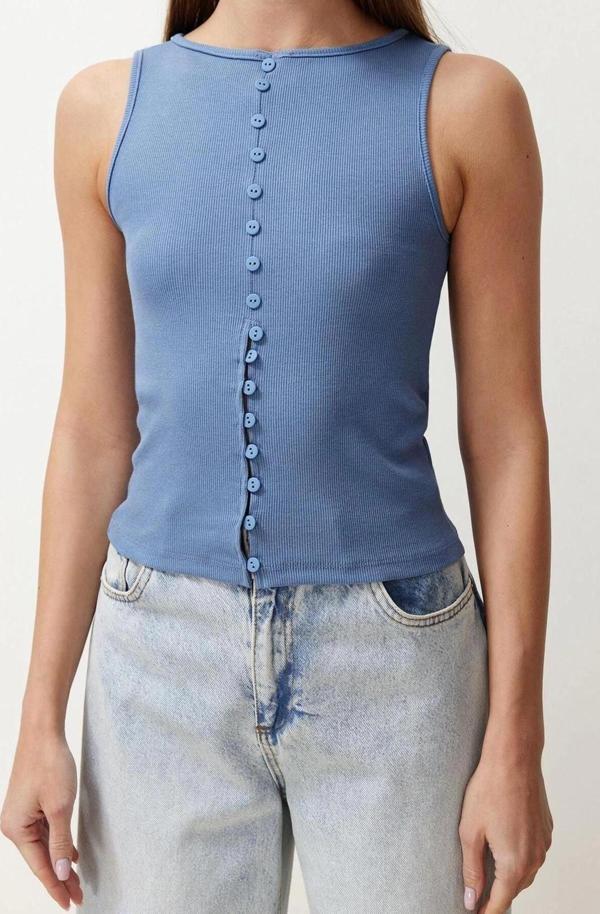 Moda Kayık Yaka Örme Slim Düz Desen Casual Günlük Regular Kolsuz Bluz - Image 1