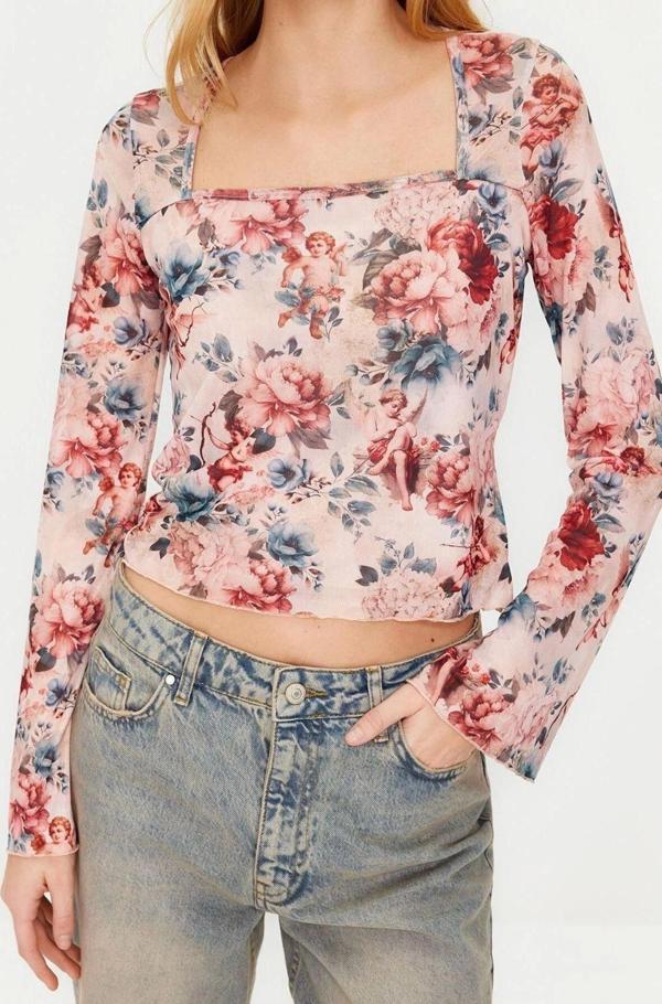 Moda Kare Yaka Örme Slim Fit Baskılı Desen Casual Günlük Crop Uzun Kol Bluz - Image 1