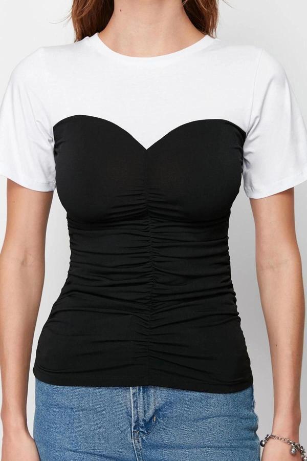 Moda Bisiklet Yaka Örme Slim Renk Bloklu Desen Casual Günlük Regular Kısa Kol Bluz - Image 1