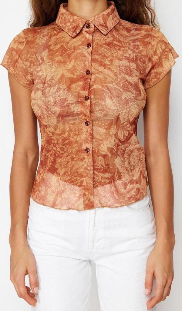 Moda Polo Yaka Örme Slim Fit Çiçekli Desen Casual Günlük Regular Kısa Kol Bluz - Image 1
