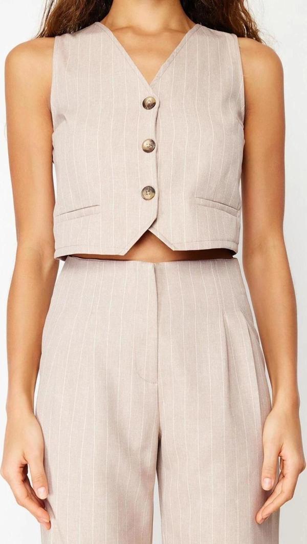 Moda V Yaka Dokuma Fit Çizgili Desen Casual Günlük Crop Kolsuz Bluz - Image 1