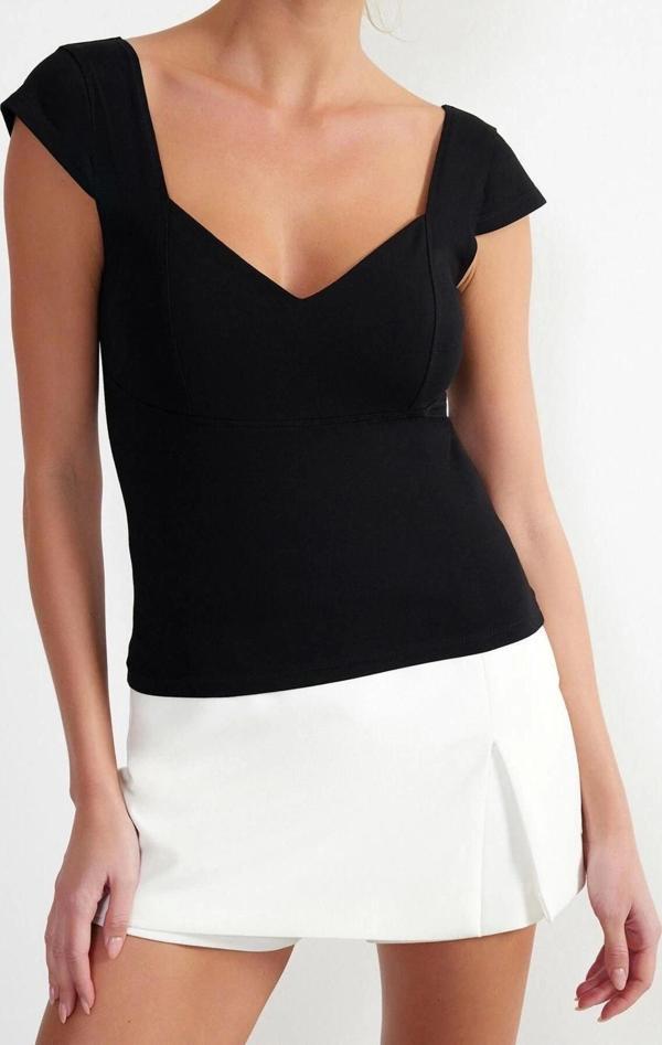 Moda Kalp Yaka Örme Slim Düz Desen Casual Günlük Crop Kolsuz Bluz - Image 1