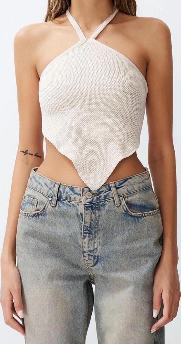 Moda Boyundan Bağlamalı Triko Regular Düz Desen Casual Günlük Super Crop Kolsuz Bluz - Image 1