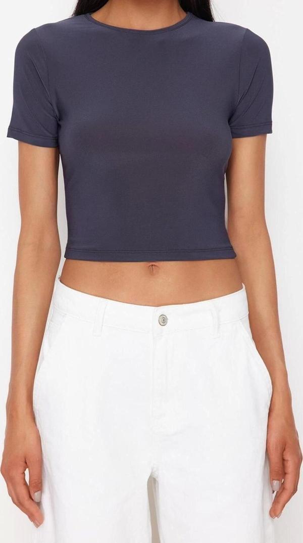 Moda Bisiklet Yaka Örme Slim Fit Düz Desen Casual Günlük Crop Kısa Kol Bluz - Image 1