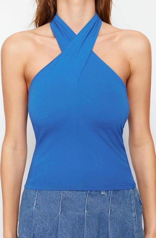 Moda Boyundan Bağlamalı Örme Slim Düz Desen Casual Günlük Crop Kolsuz Bluz - Image 1