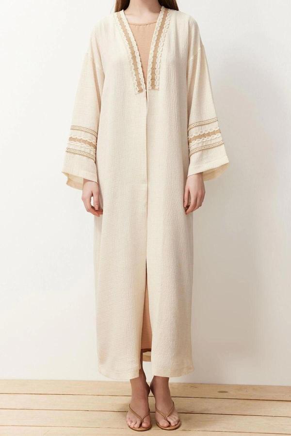 Moda Dokuma Rahat Kalıp Uzun V Yaka Düşük Kol Crinkle Basic Renk Bloklu Tesettür Giyim Kimono Kaftan - Image 1