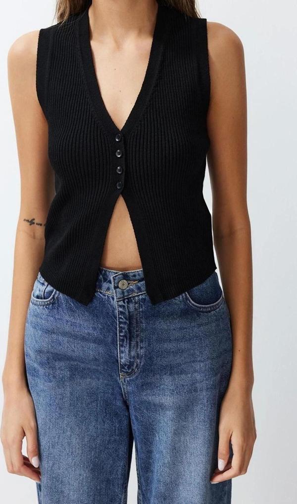 Moda V Yaka Triko Slim Düz Desen Casual Günlük Crop Kolsuz Bluz - Image 1